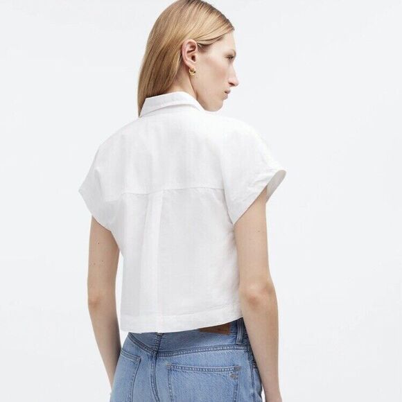 Madewell Top Sz Small White Crop Dolman Shirt Button Up Cotton Lyocell Linen NWT - Picture 2 of 16